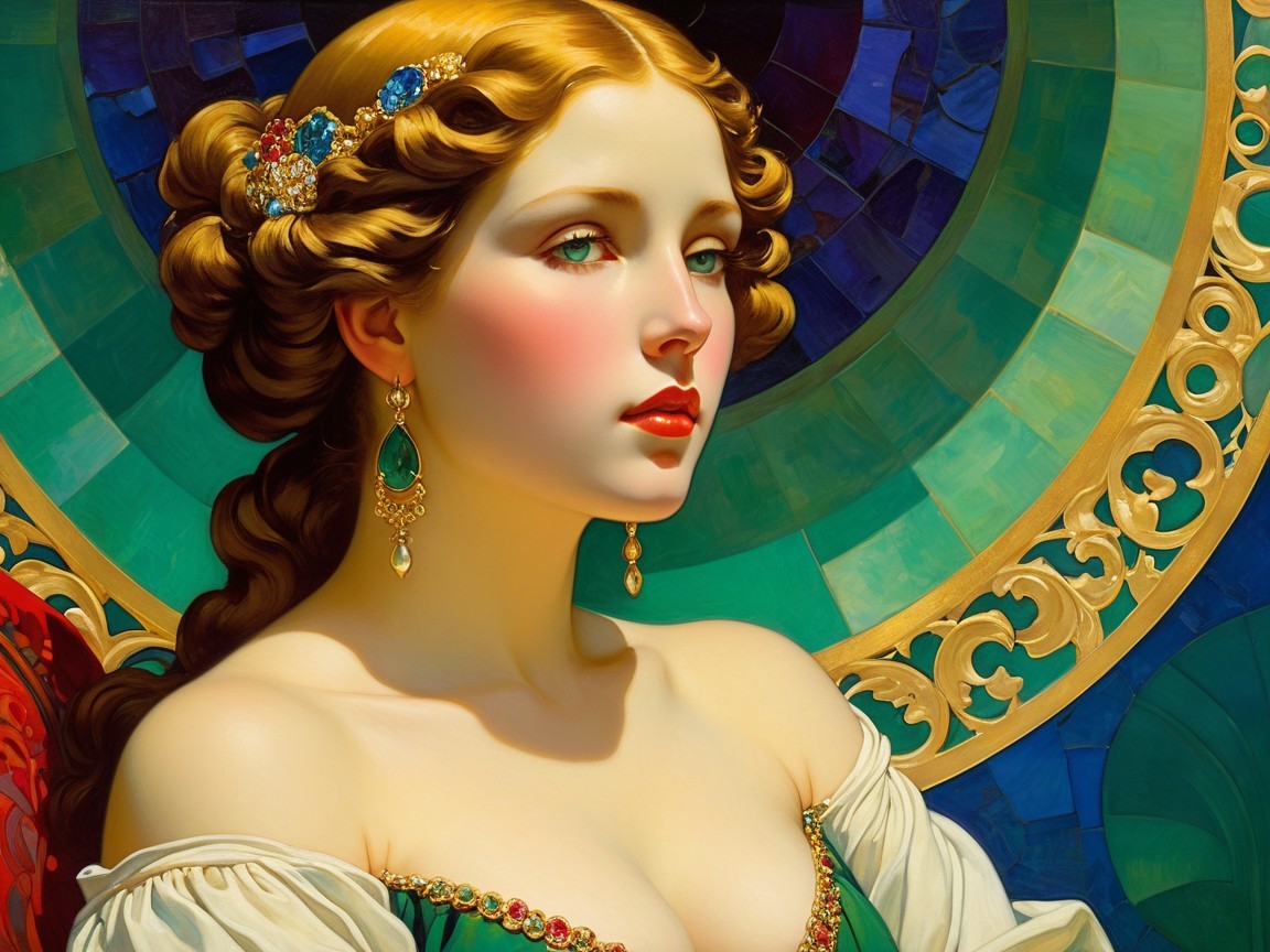 Elegant Woman in Green Garment with Golden Hair