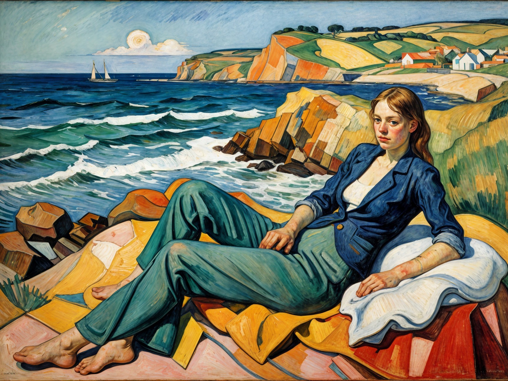 Young Woman by Seaside in Colorful Fabric Setting