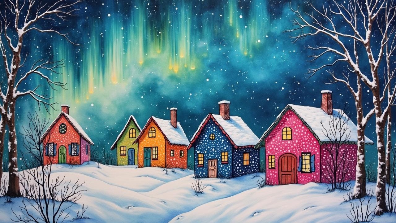 Vibrant winter scene with aurora borealis and houses