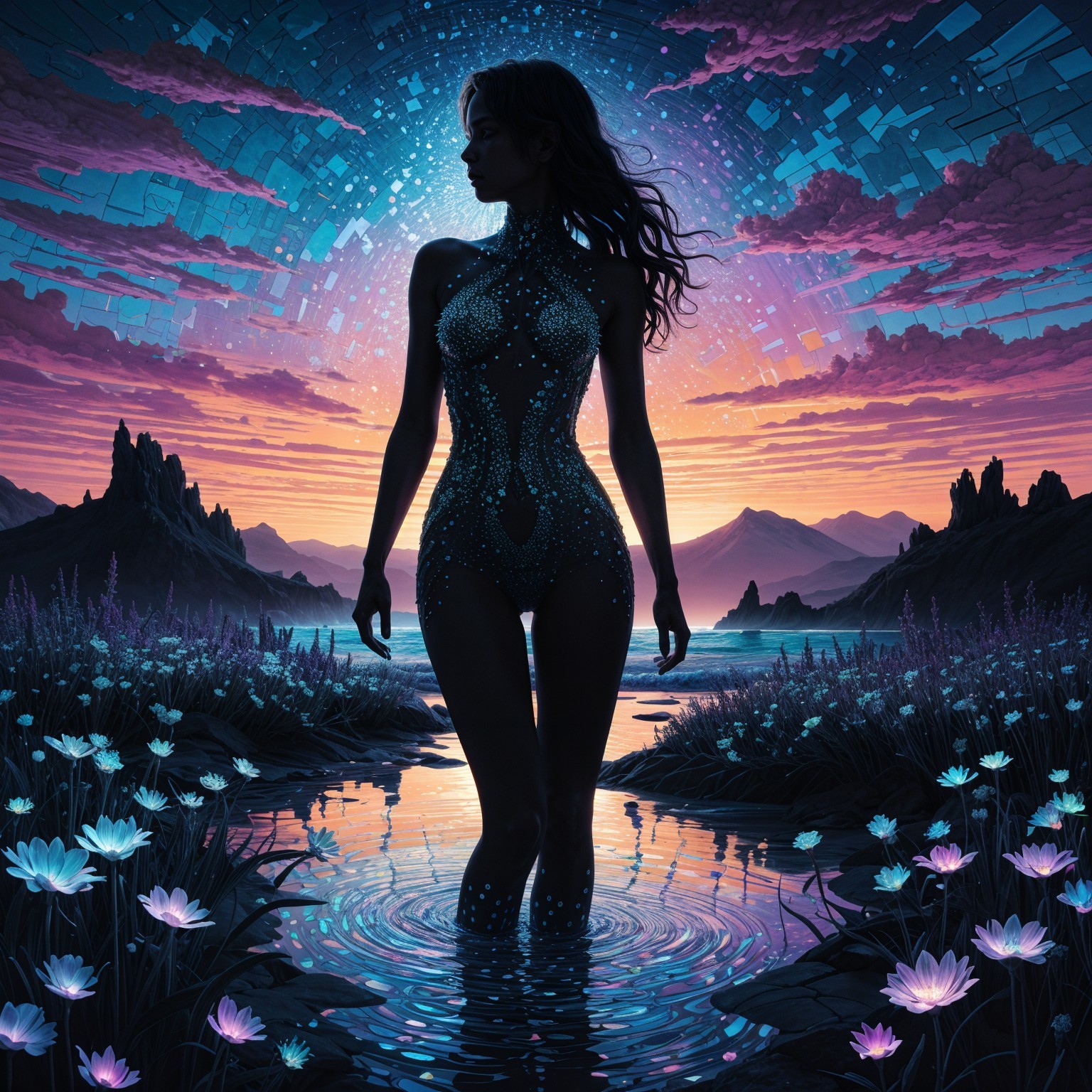 Silhouette of Woman in Tranquil Water at Dawn