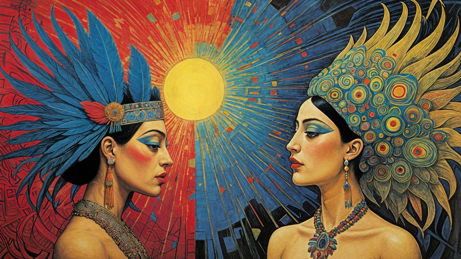 Elegant Women in Vibrant Sunburst Artwork