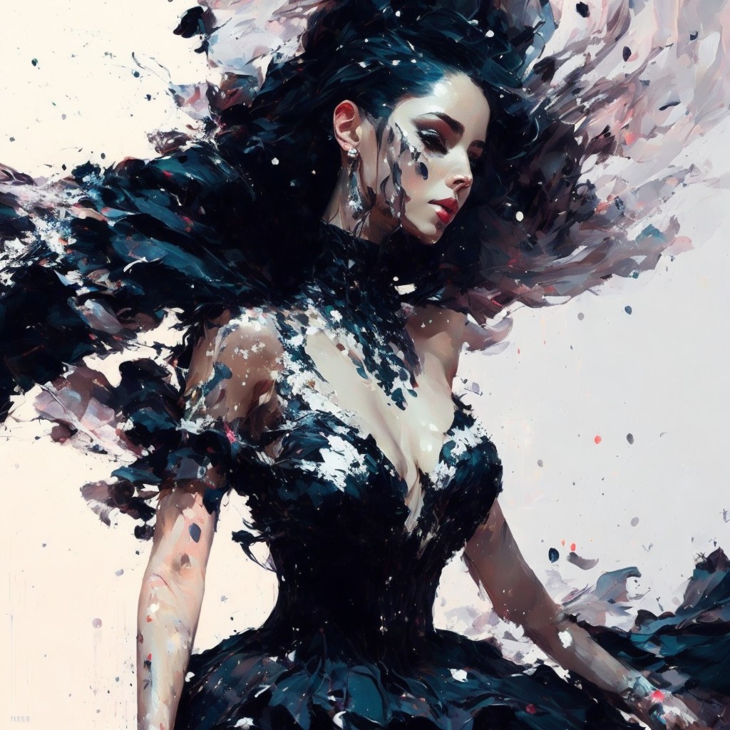 Ethereal Figure in Black Gown Amidst Colorful Swirls