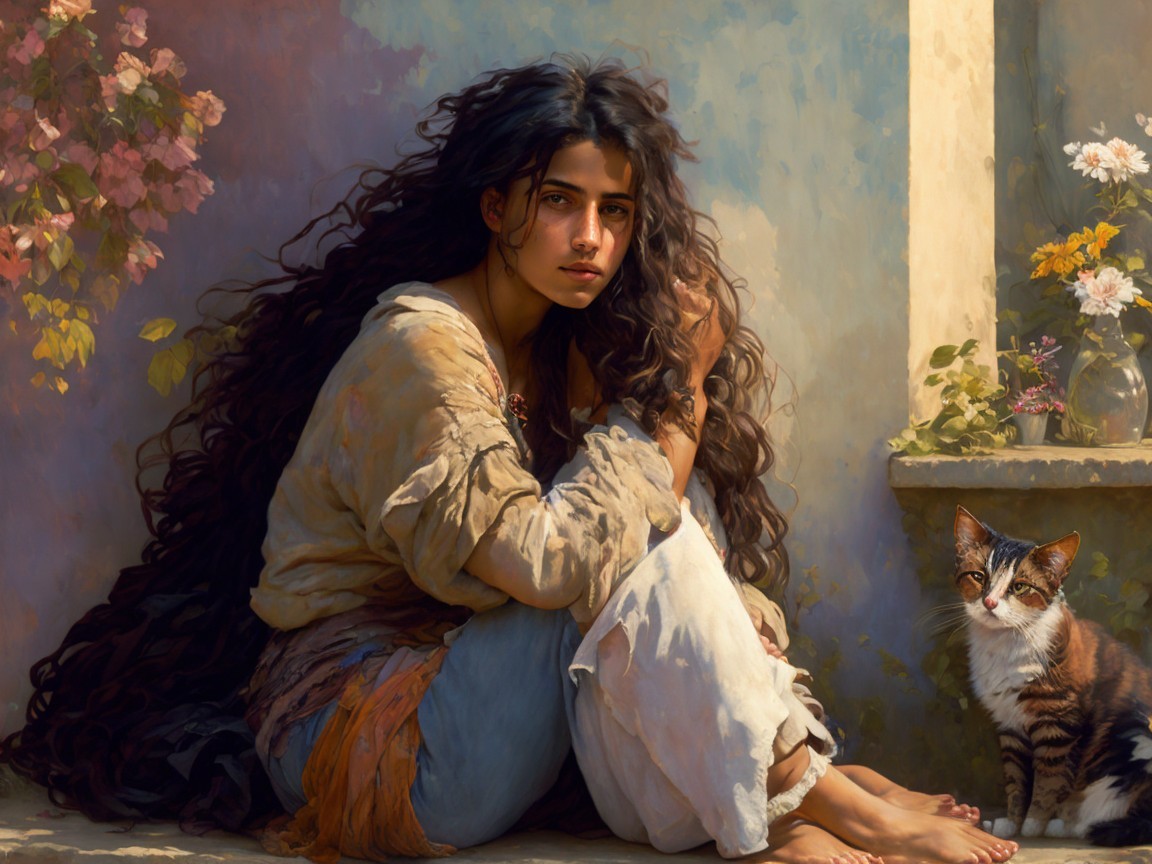 Young woman with cat in serene floral setting