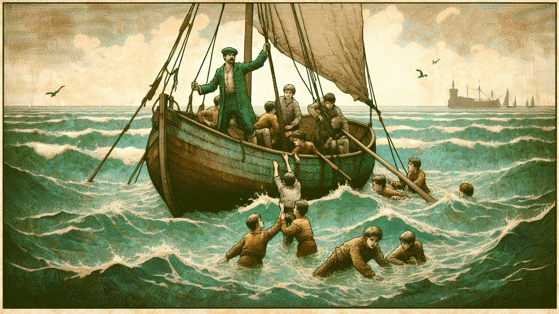 Vintage Sailing Scene with Turbulent Waves and Figures