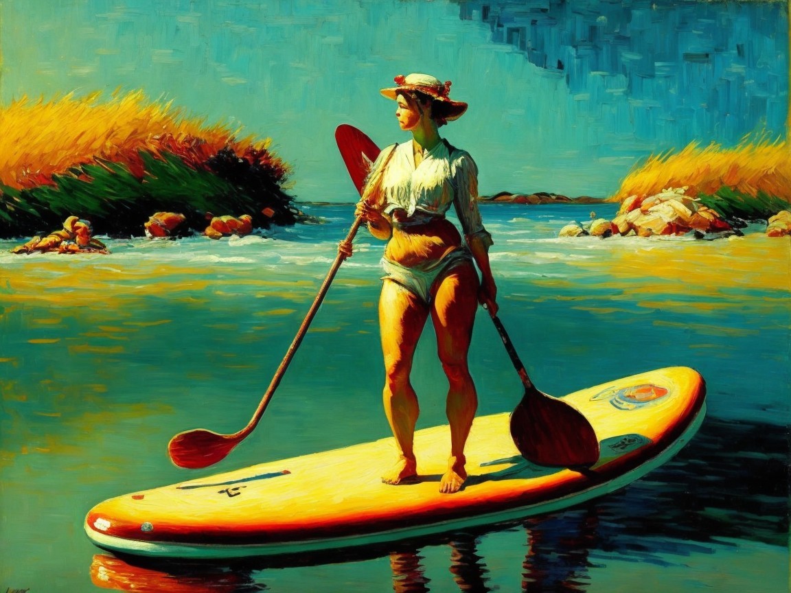 Woman Paddleboarding in Vibrant Waterscape Painting