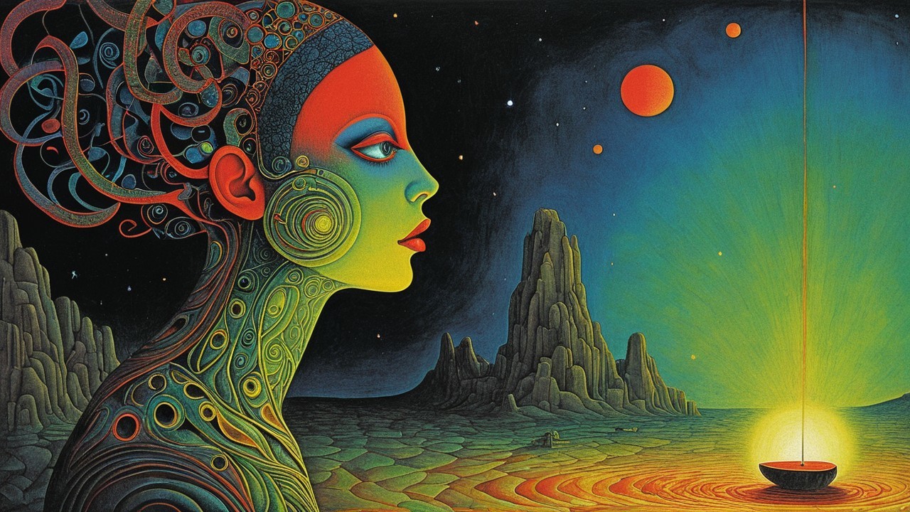 Surreal Cosmic Landscape with Colorful Humanoid Figure