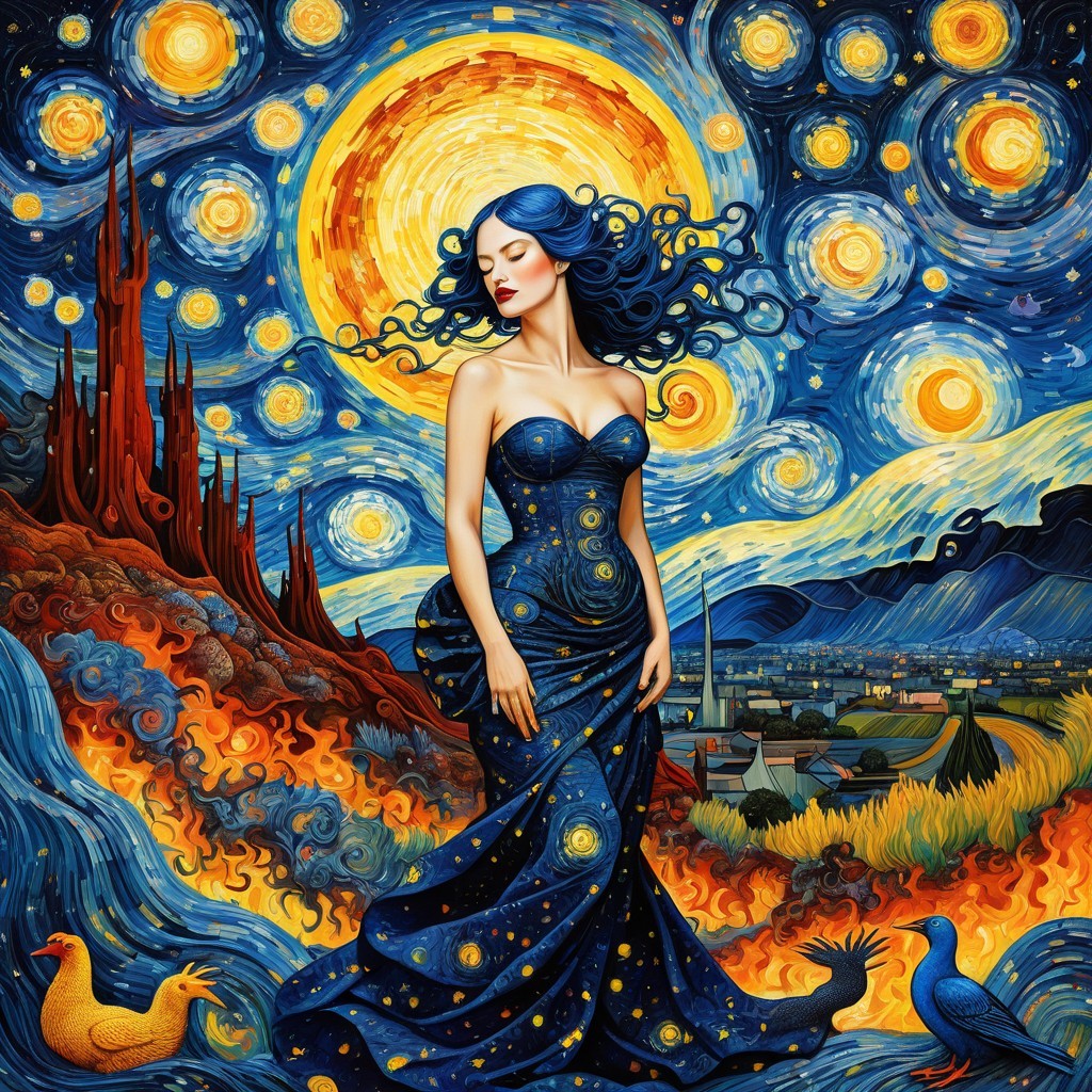 Woman in Blue Dress in Fiery Landscape with Stars