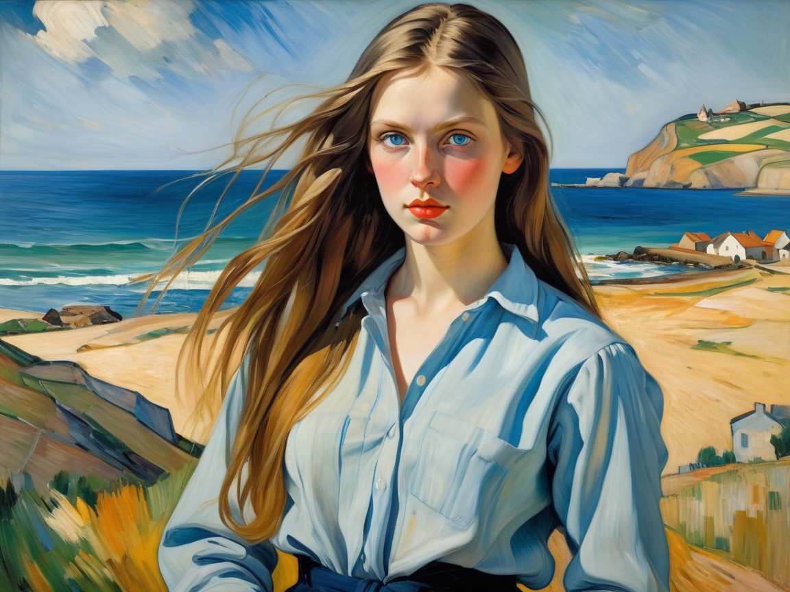 Young Woman in Coastal Landscape with Waves and Cliffs