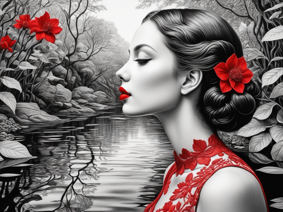 Profile of a Woman by a Tranquil River Landscape