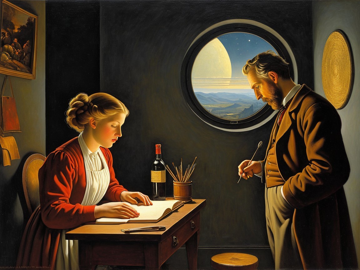 Young Girl Studies in Room with Cosmic Landscape View