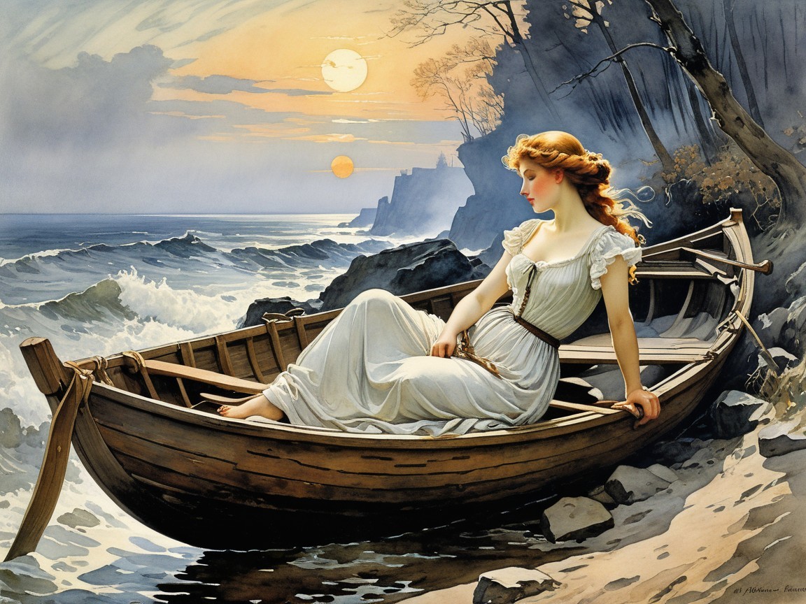 Serene Scene of a Woman in a Boat at Sunset