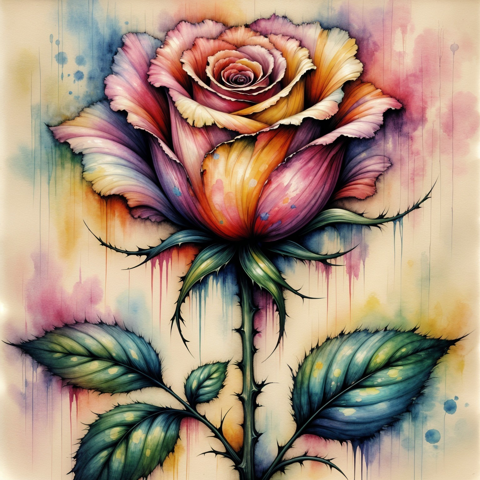 Vividly Colored Rose with Intricate Petals and Leaves
