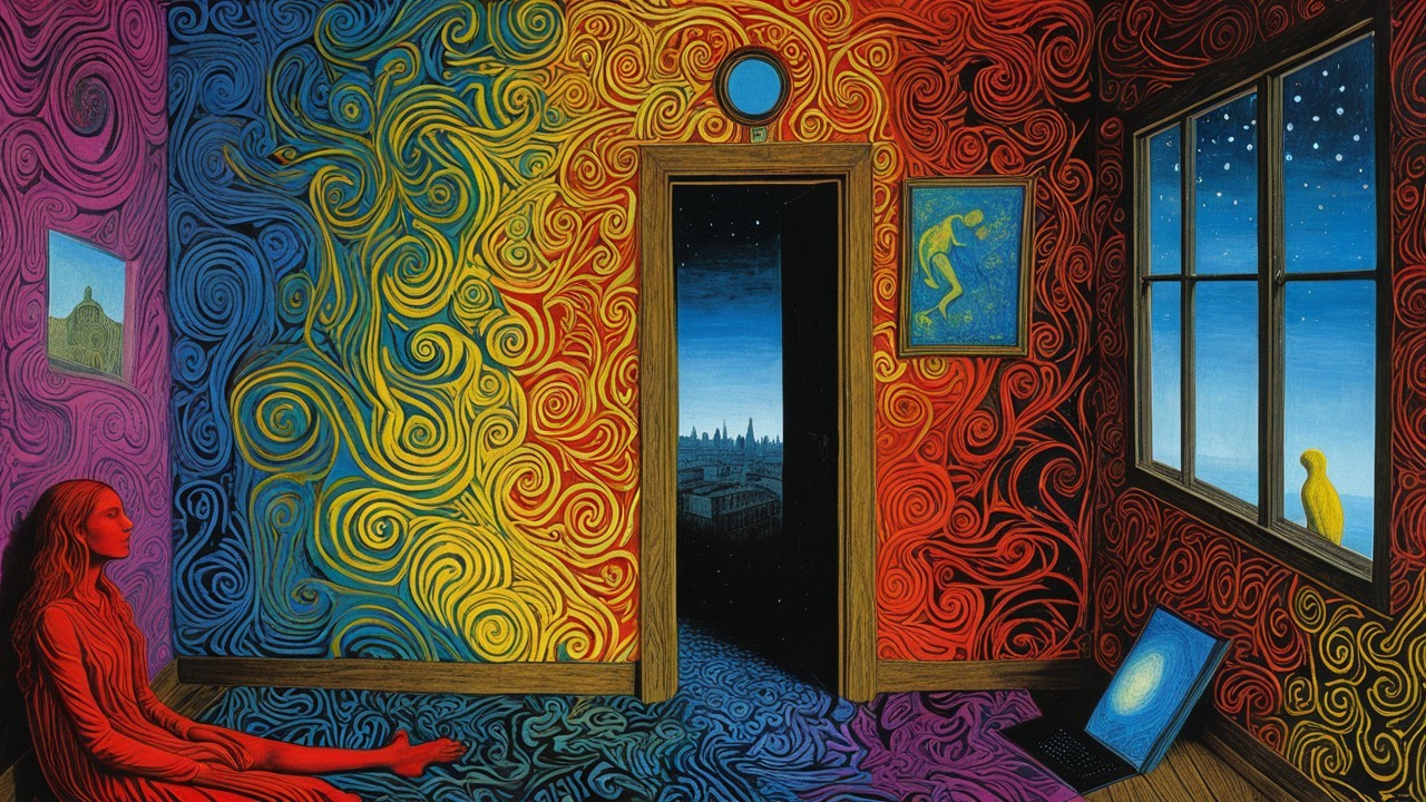 Colorful Room with Abstract Art and Starry Landscape