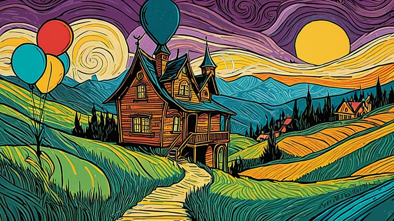 Whimsical Landscape with Colorful House and Balloons