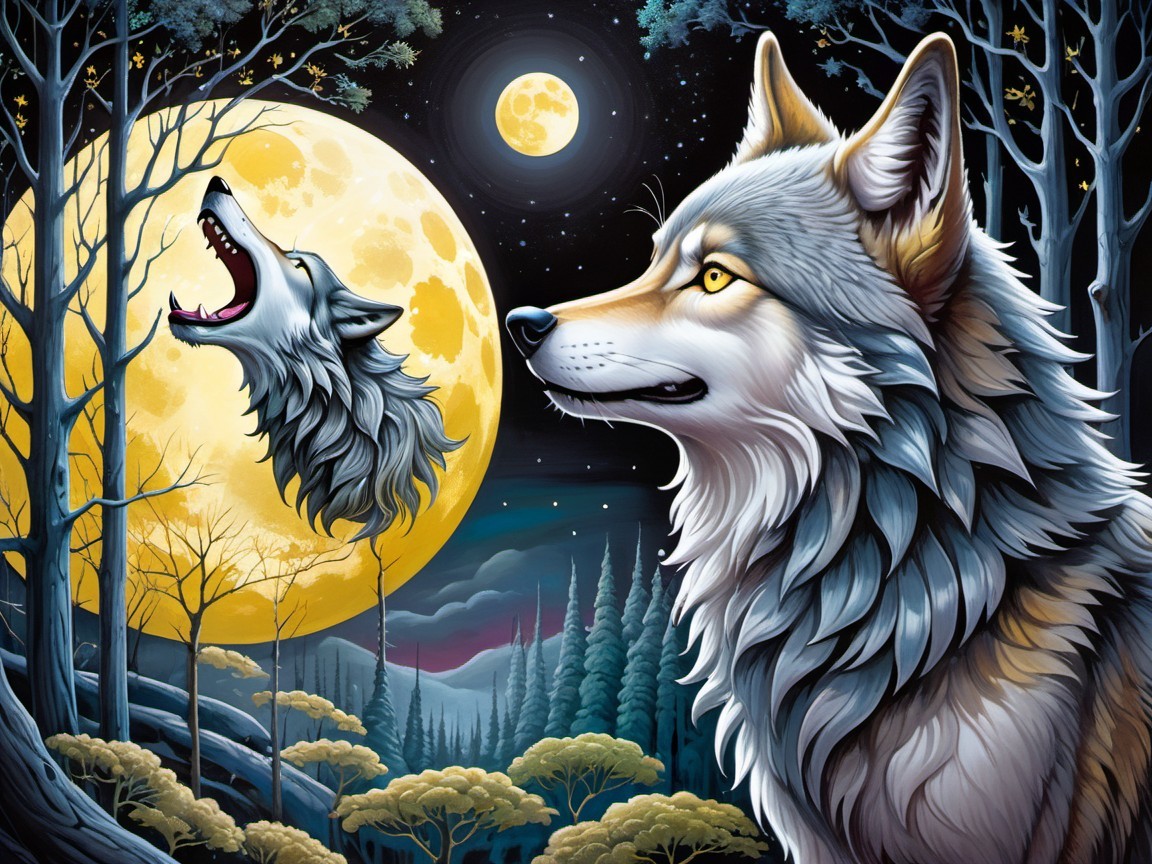 Majestic gray wolf under a full moon and stars