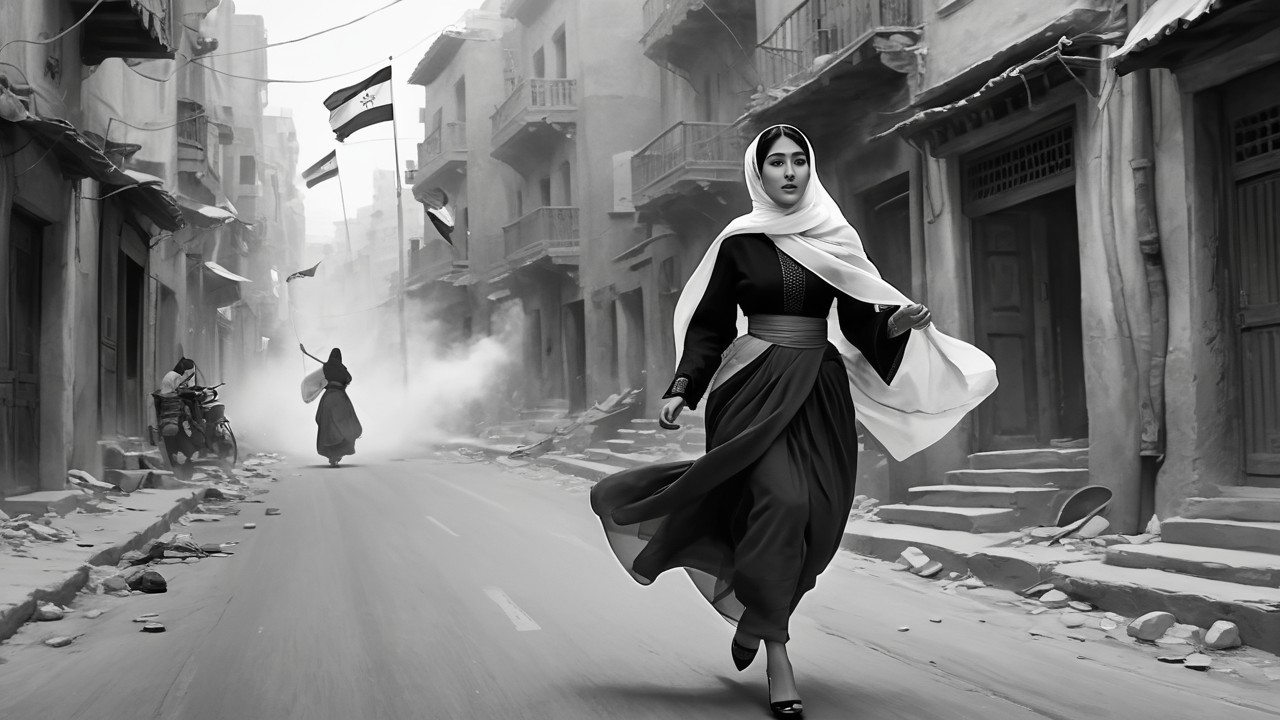 Desolate Urban Scene with Woman in Traditional Attire