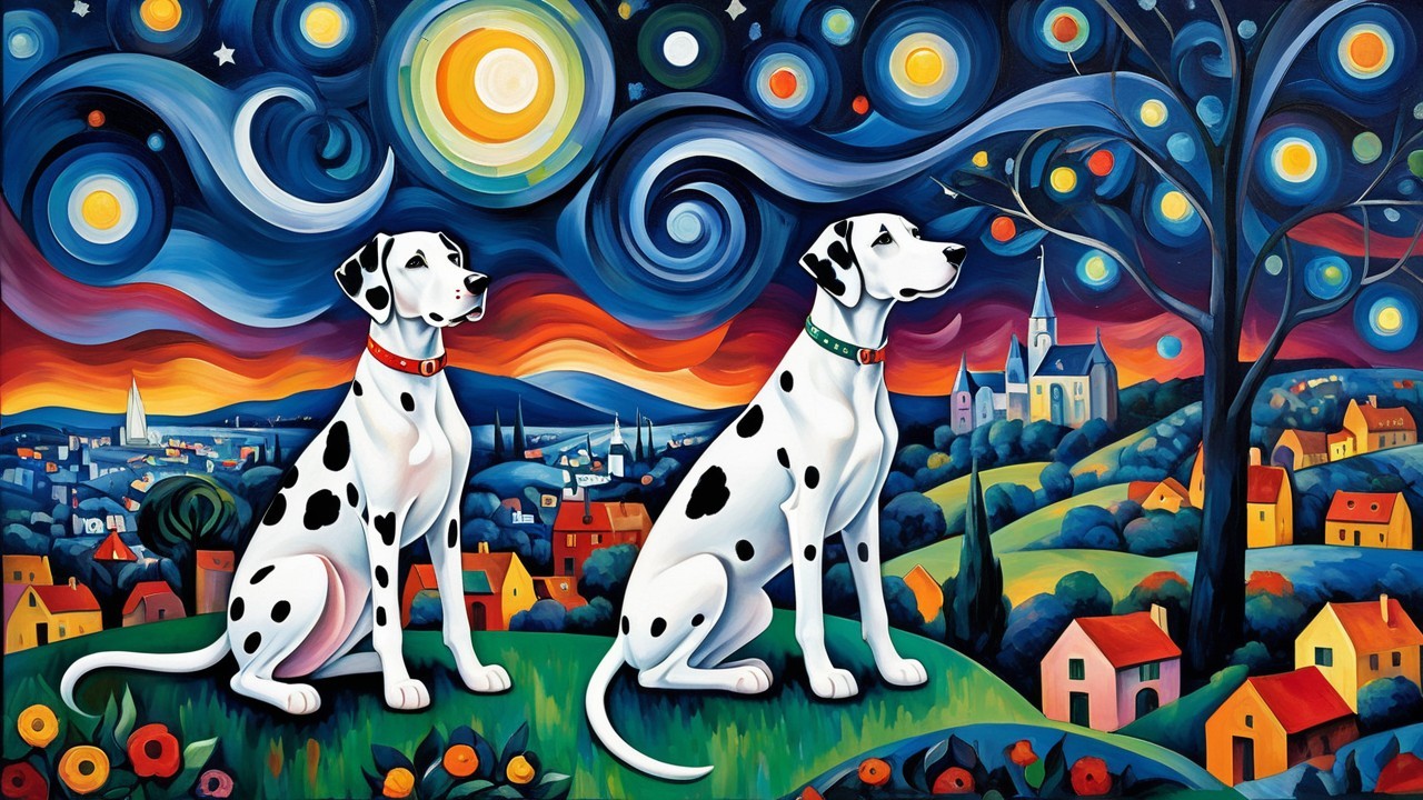 Stylized Dalmatians on a Vibrant Hillside at Night