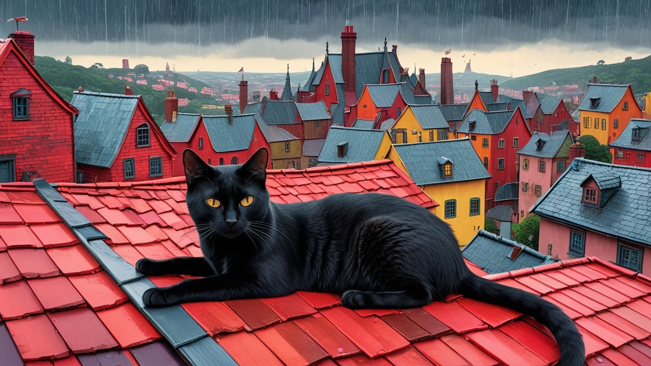 Black Cat on Red Rooftop Over Colorful Village