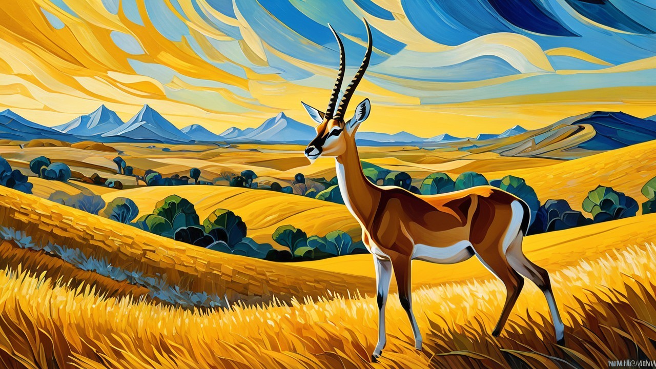 Vibrant Landscape with Antelope in Golden Field