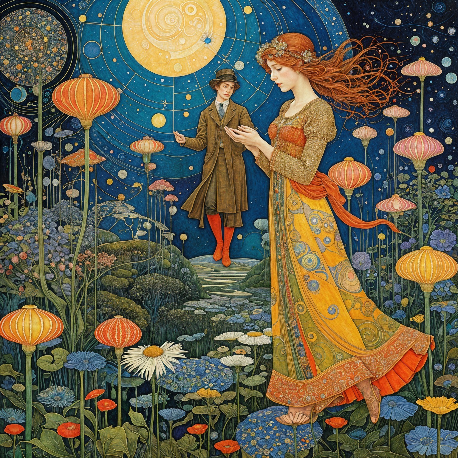 Whimsical Garden Scene Under a Starry Sky