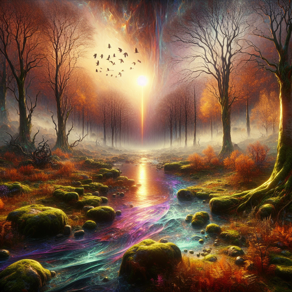 Surreal Landscape with Towering Trees and Stream