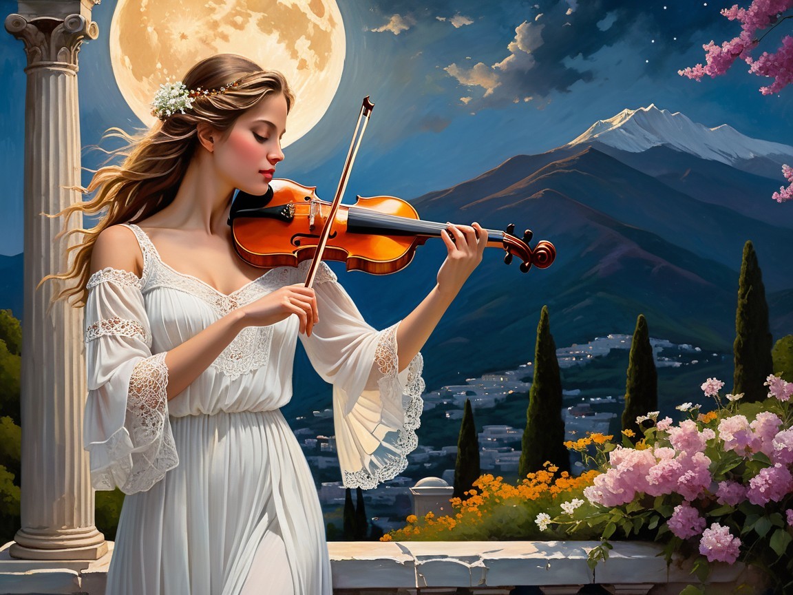 Twilight Scene with Woman Playing Violin Outdoors