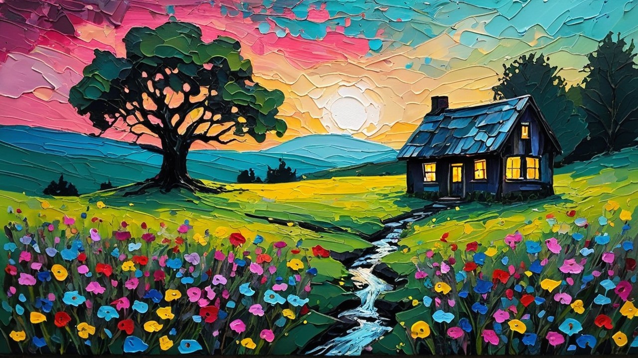 Vibrant Landscape with Cabin and Sunset Colors