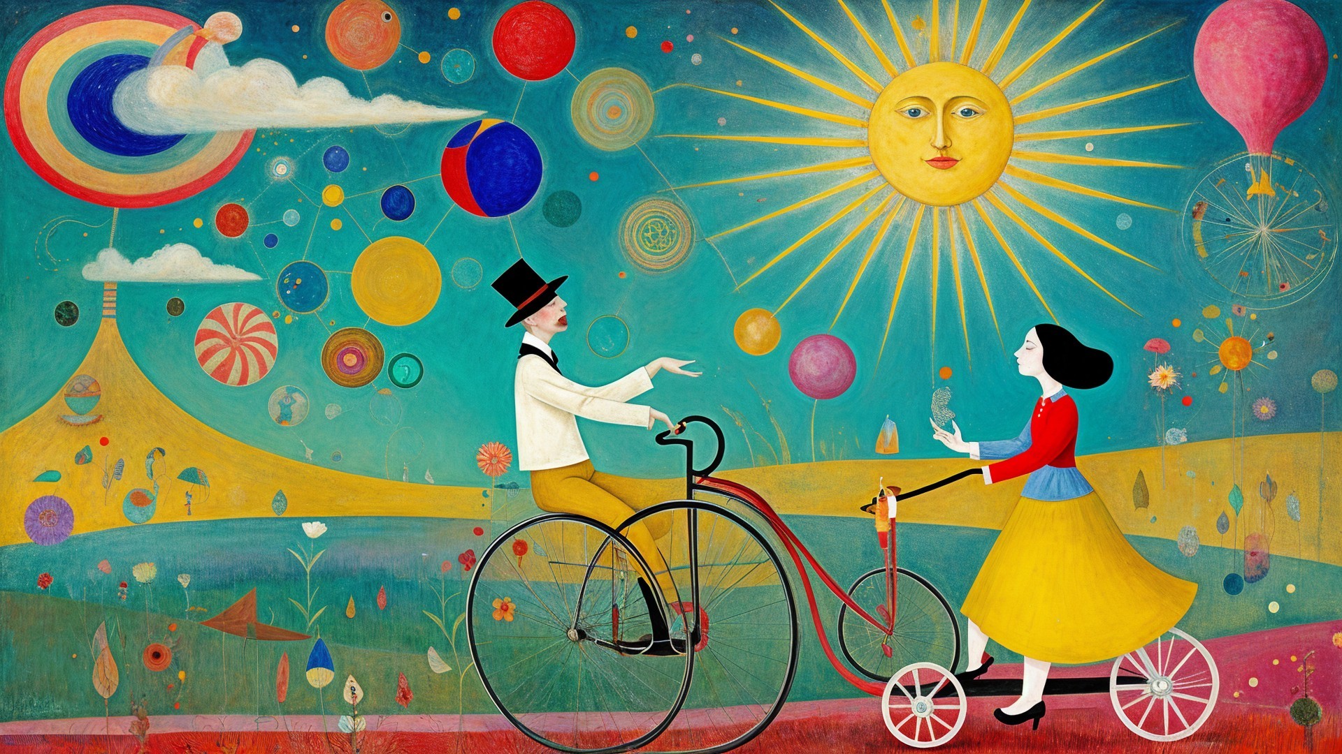 Whimsical Scene of a Man and Woman in Vibrant Landscape