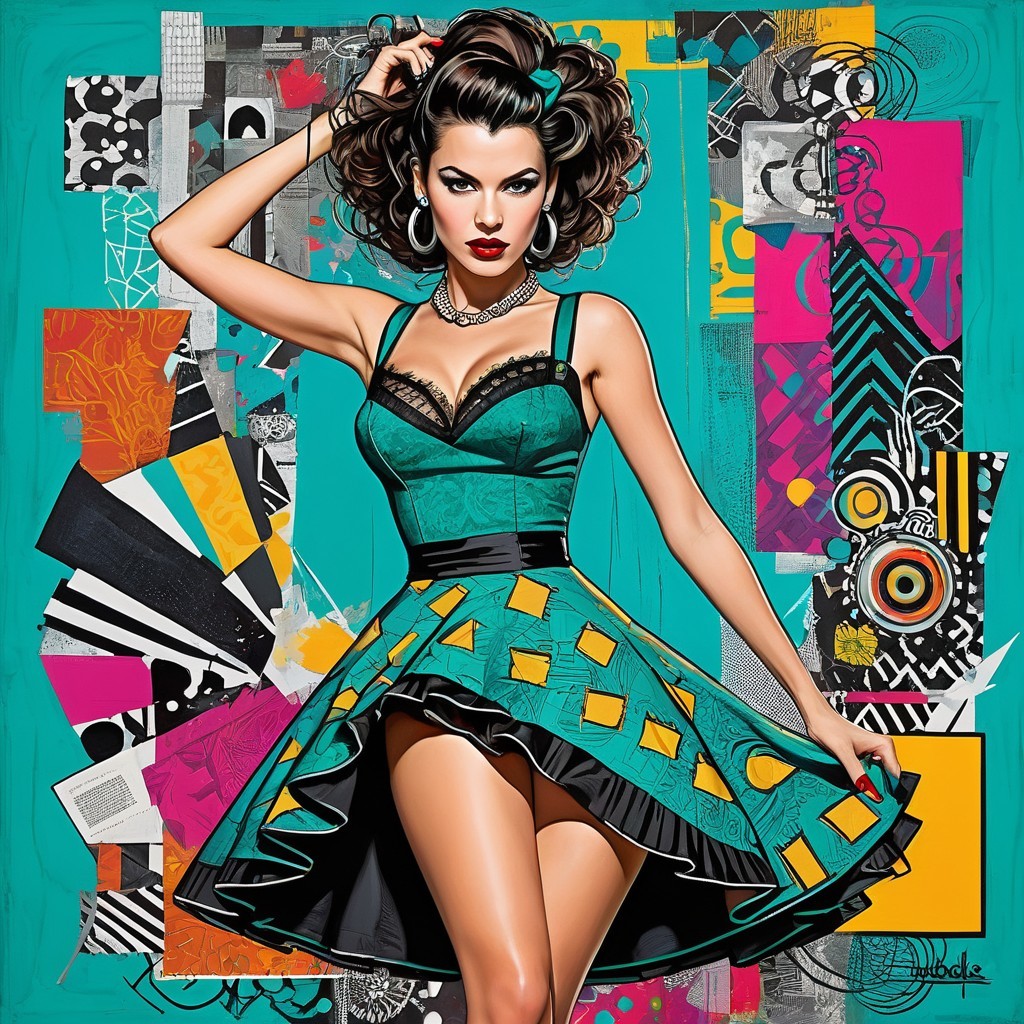 Stylish Woman in Teal and Black Dress with Accessories