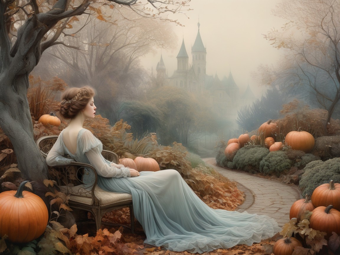 Enchanted Autumn Garden Scene with Castle and Pumpkins