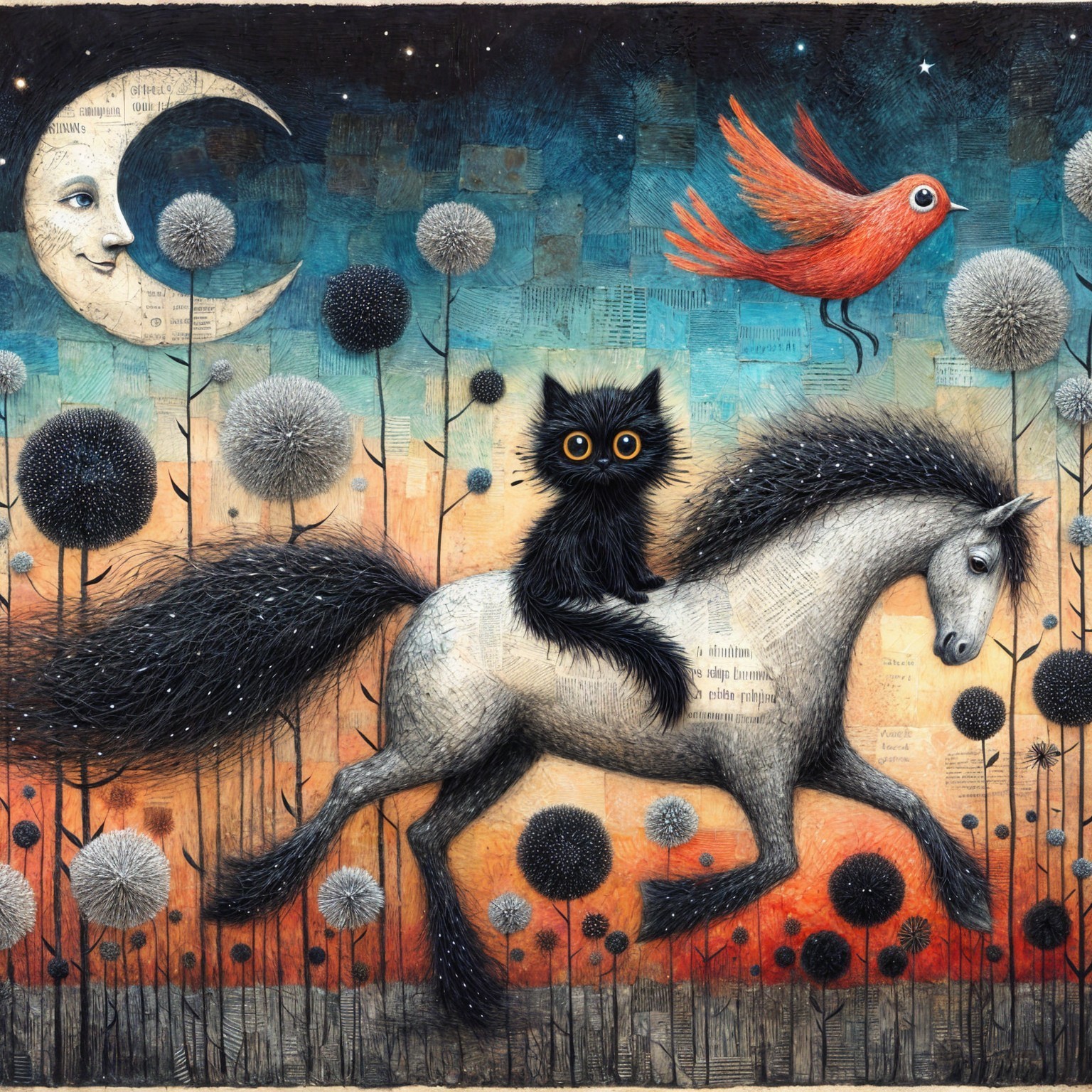 Black Kitten on Galloping White Horse in Enchanting Scene
