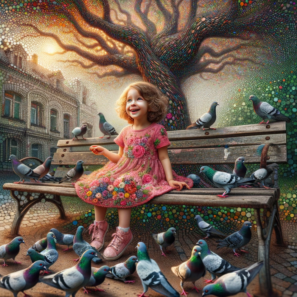 Young girl in pink dress with pigeons in park setting