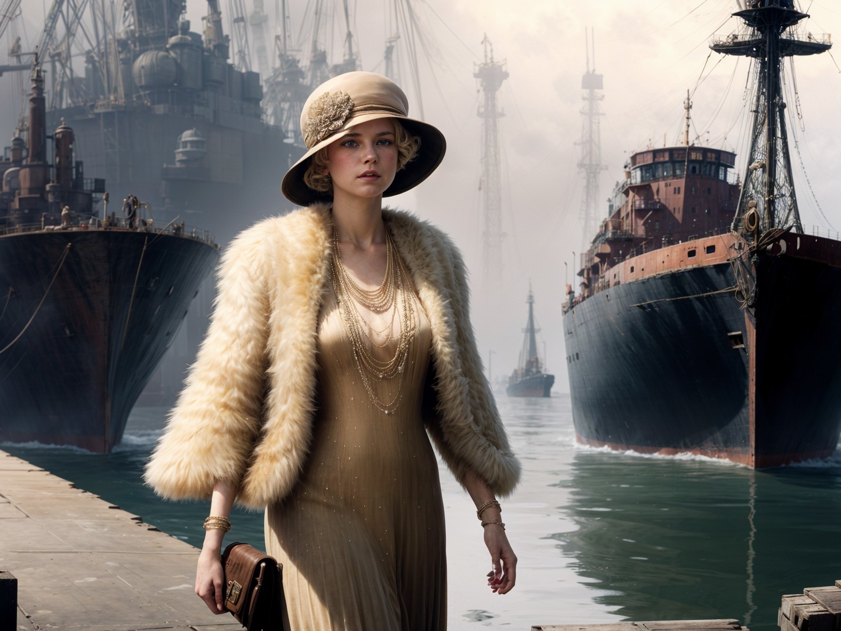 Glamorous Woman in Vintage Fashion at Historic Dock