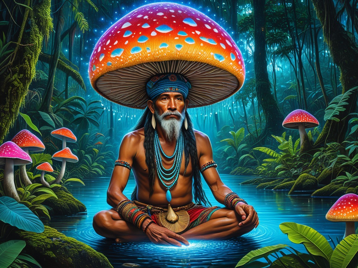 Mystical Jungle Scene with Elder by Tranquil Pool
