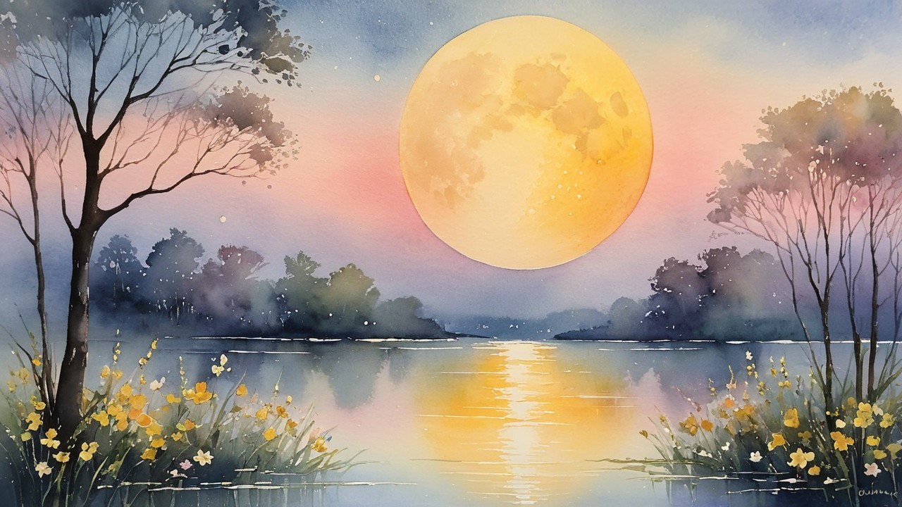 Serene Landscape with Moonlit Lake and Wildflowers
