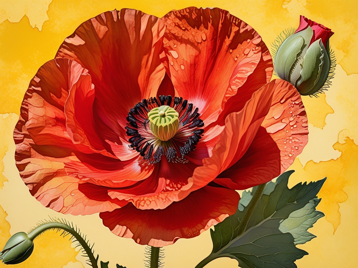 Vibrant Crimson Poppies on Yellow Watercolor Background
