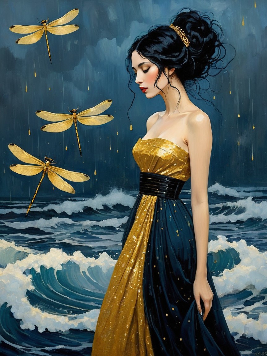Serene figure in gown amidst ocean waves and dragonflies