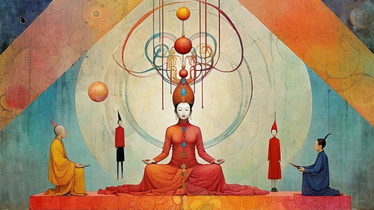 Serene Figure in Red Robes with Meditating Companions