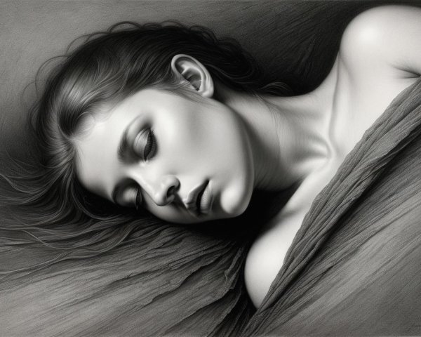 Black-and-white drawing of a serene young woman