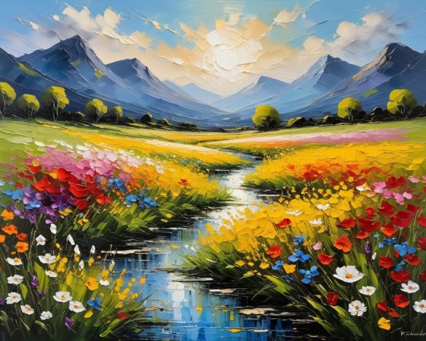 Vibrant Landscape with Stream and Colorful Wildflowers