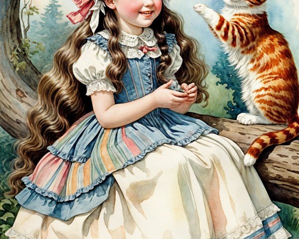 Young girl on tree branch with cat in vintage dress