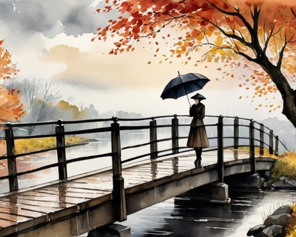 Serene Autumn Watercolor Landscape with Bridge and Trees