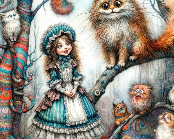 Whimsical Forest Scene with Girl and Fluffy Cat