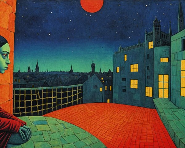 Young Woman on Ledge Under Red Sun and Starry Sky