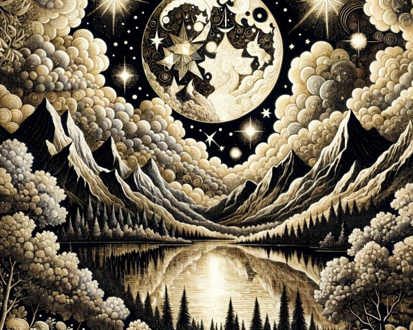 Majestic Mountains and Starry Sky Landscape Art