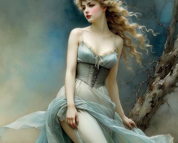 Young Woman in Light Blue Dress in Dreamy Setting