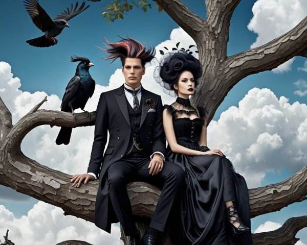 Elegant Couple on Gnarled Tree Branch Under Dramatic Sky