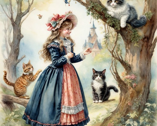 Whimsical Forest Scene with Cats and a Castle