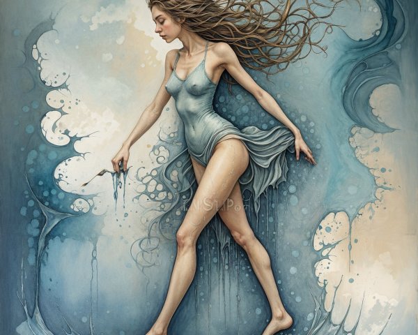 Young Woman Wading Through Flowing Water in Blue