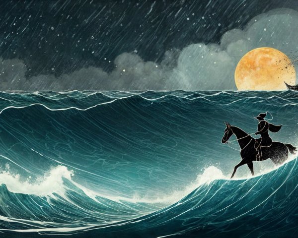 Dark Horseman Riding Through Stormy Ocean Waves